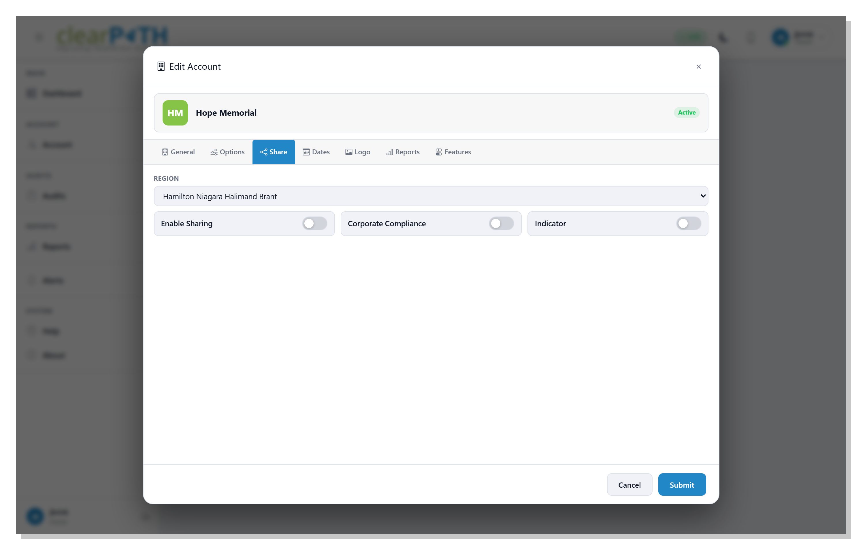 Account detail — configure the customer domain that the share portal lives under