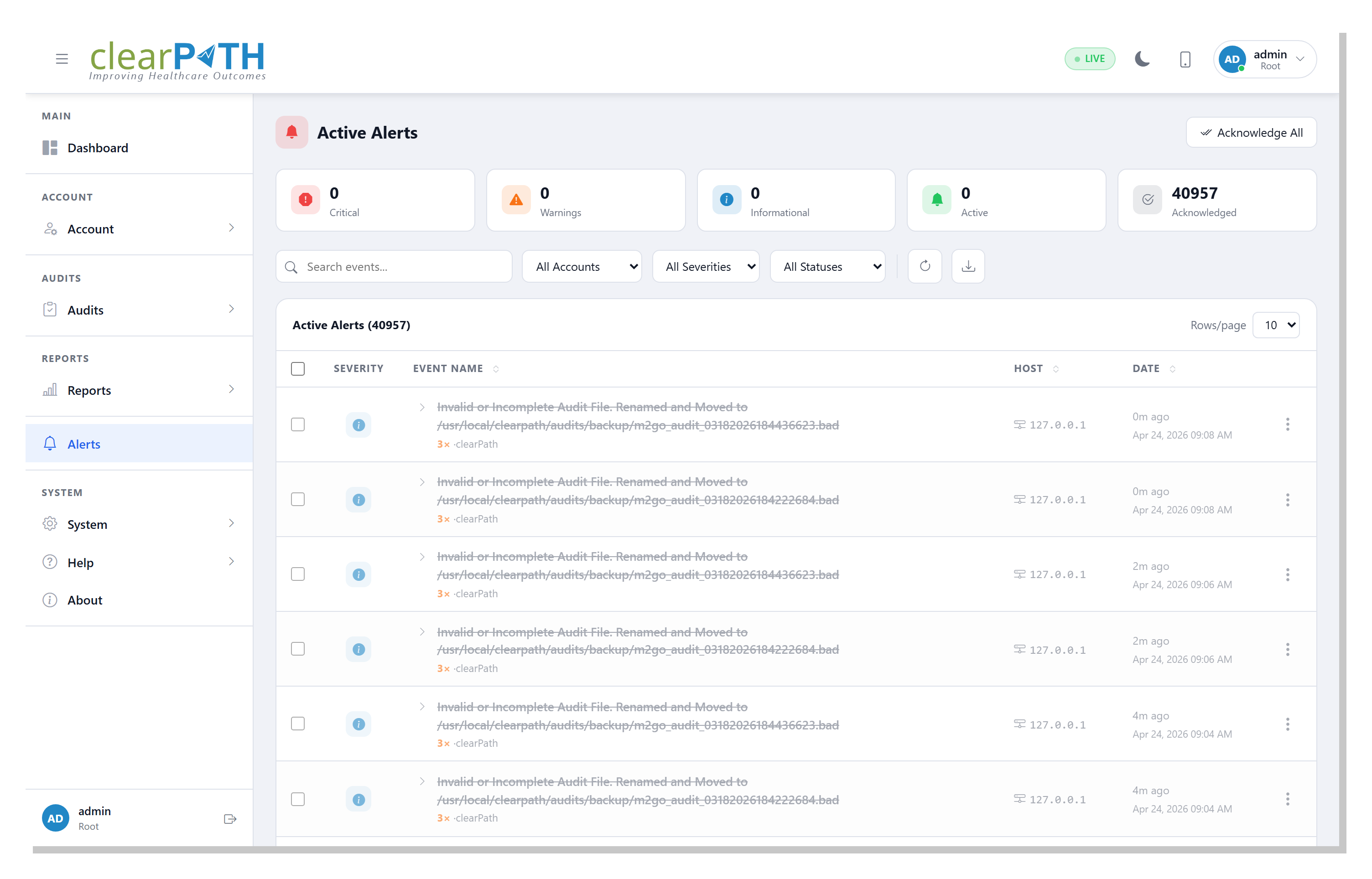 clearPath active alerts / event list
