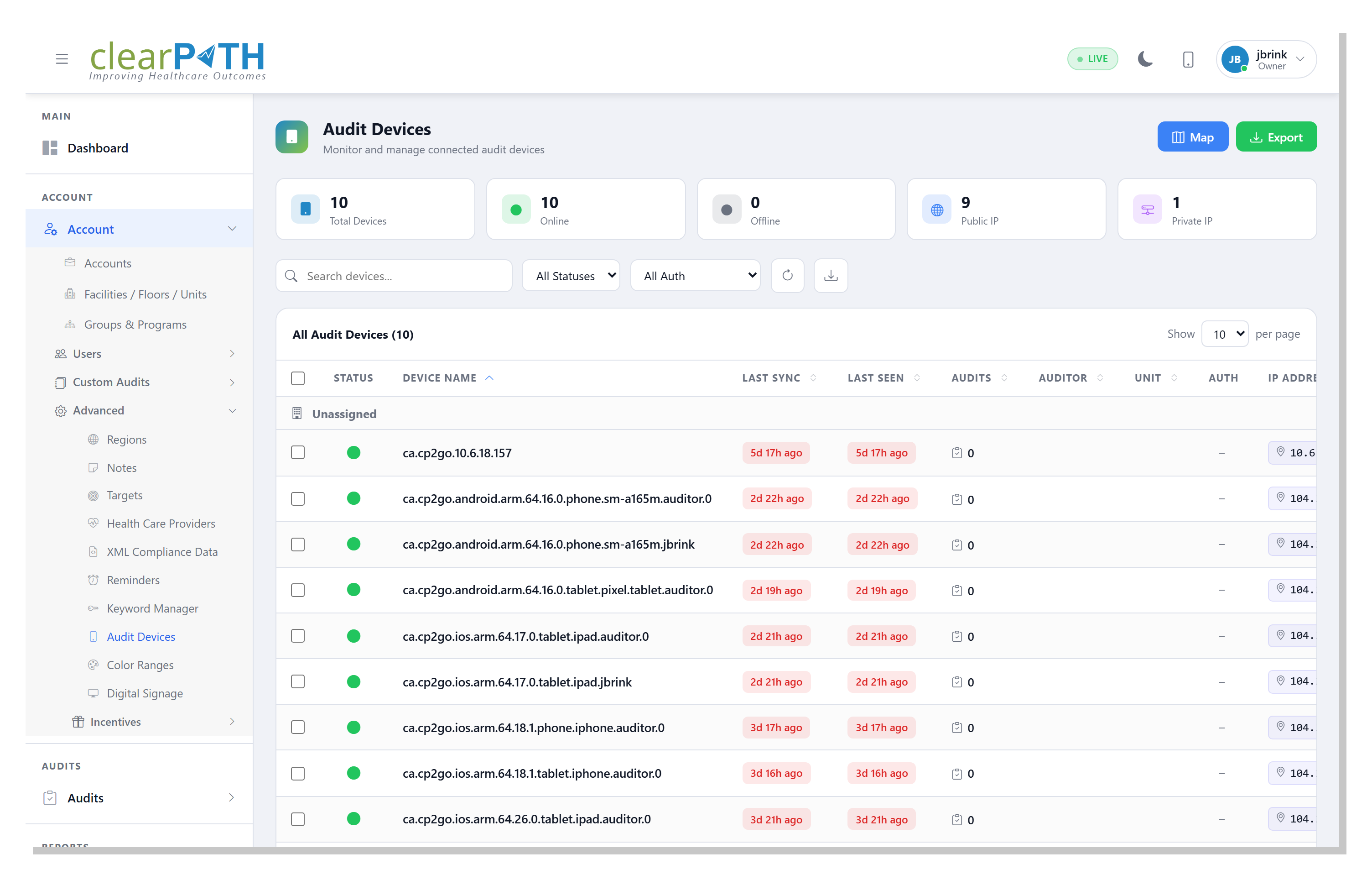 Audit Devices list — every connected mobile and PC observer