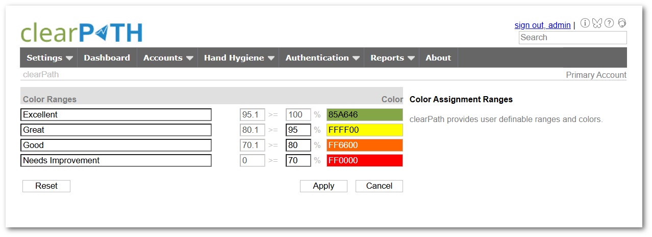 clearPath color range / threshold band editor