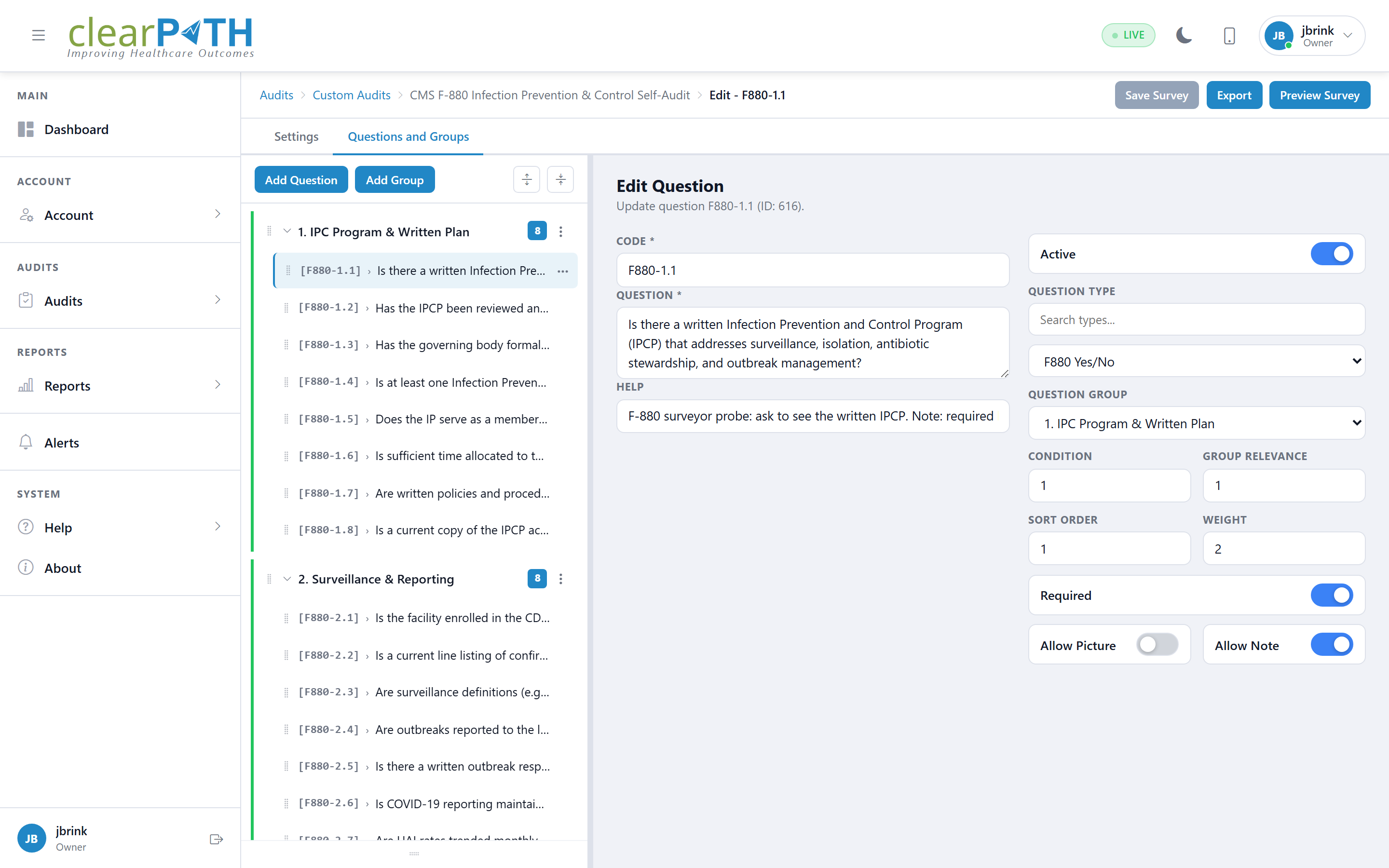 clearPath custom audit structure editor with the question tree on the left and a detail panel on the right