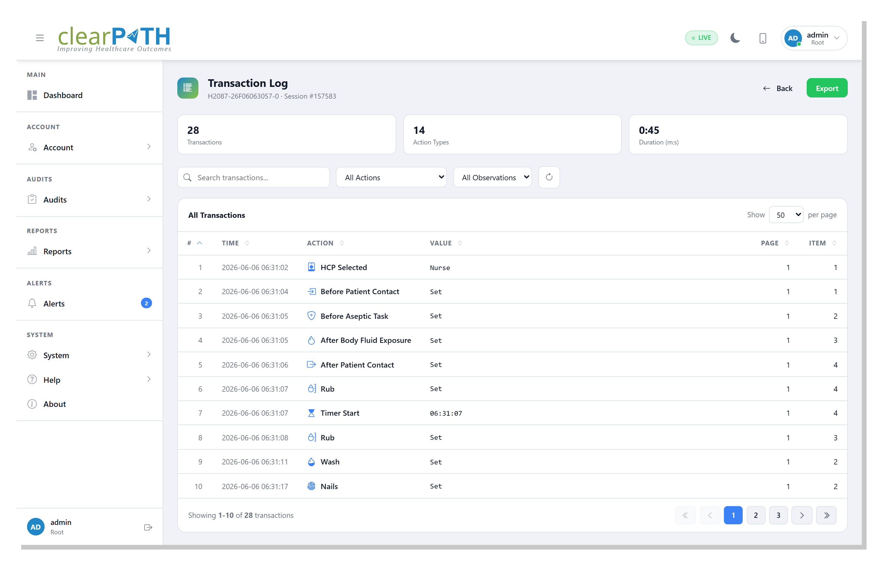 clearPath session Transaction Log showing every recorded action