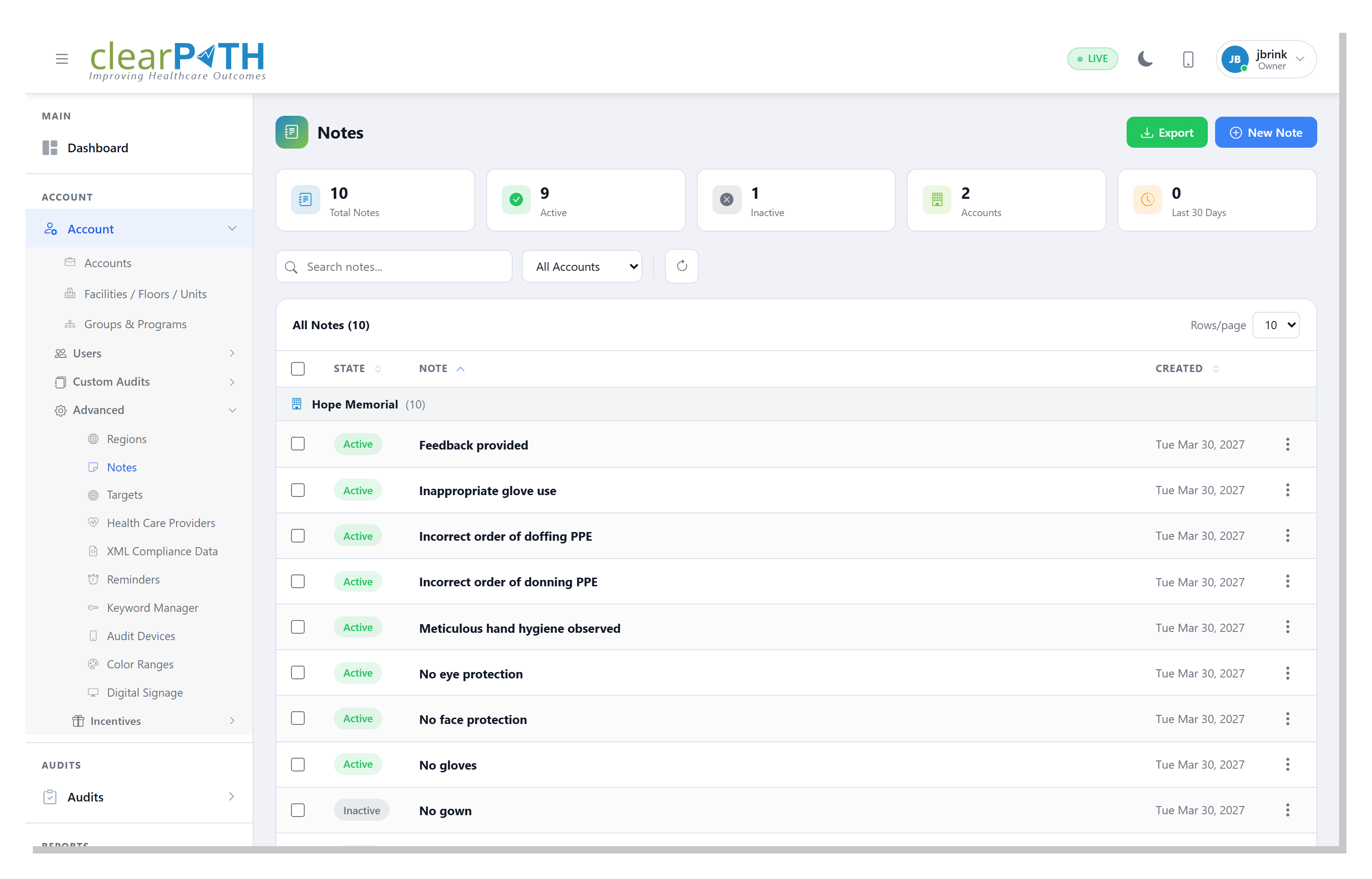 clearPath Observation Notes list