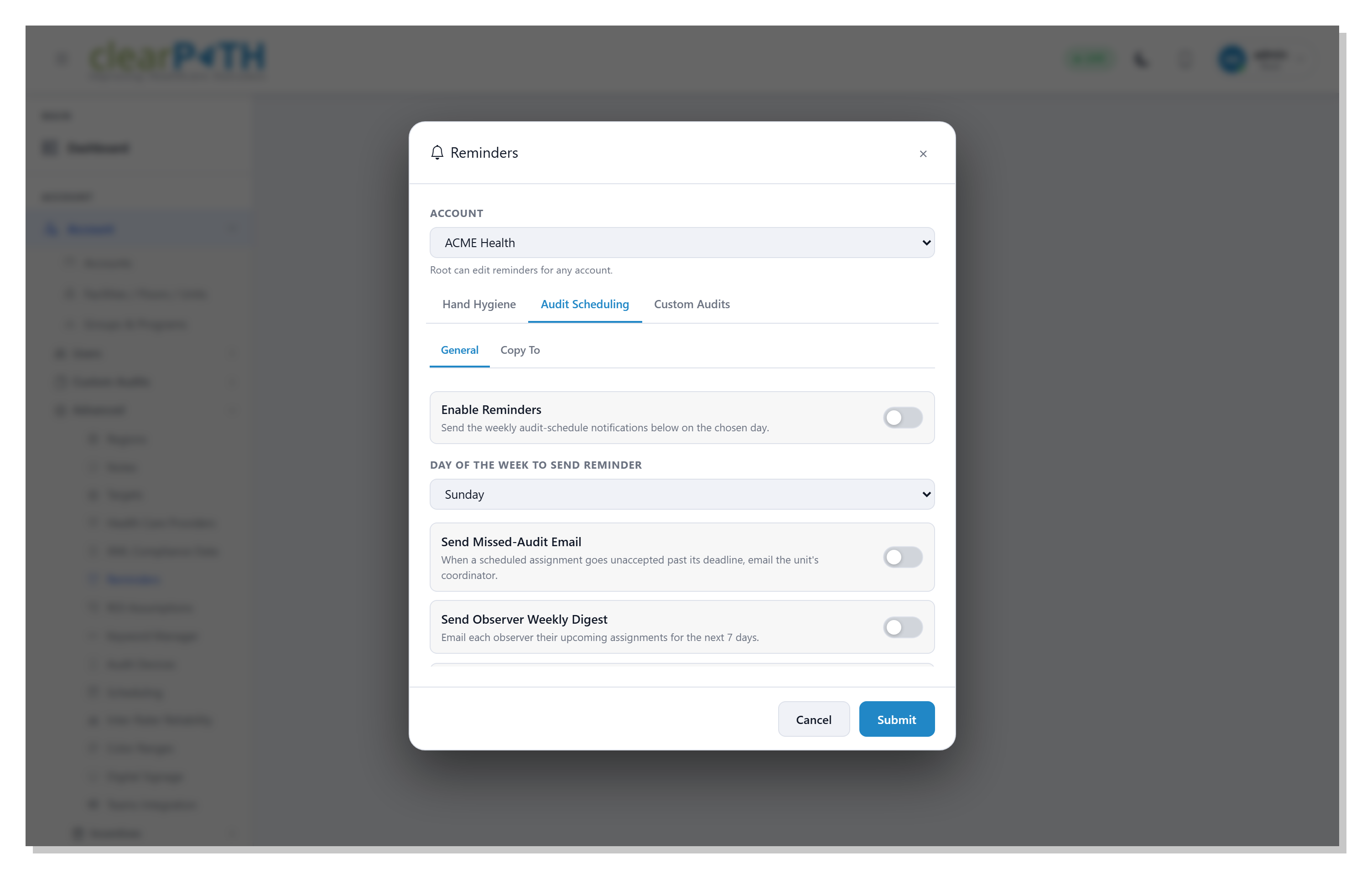 clearPath audit scheduling reminder settings