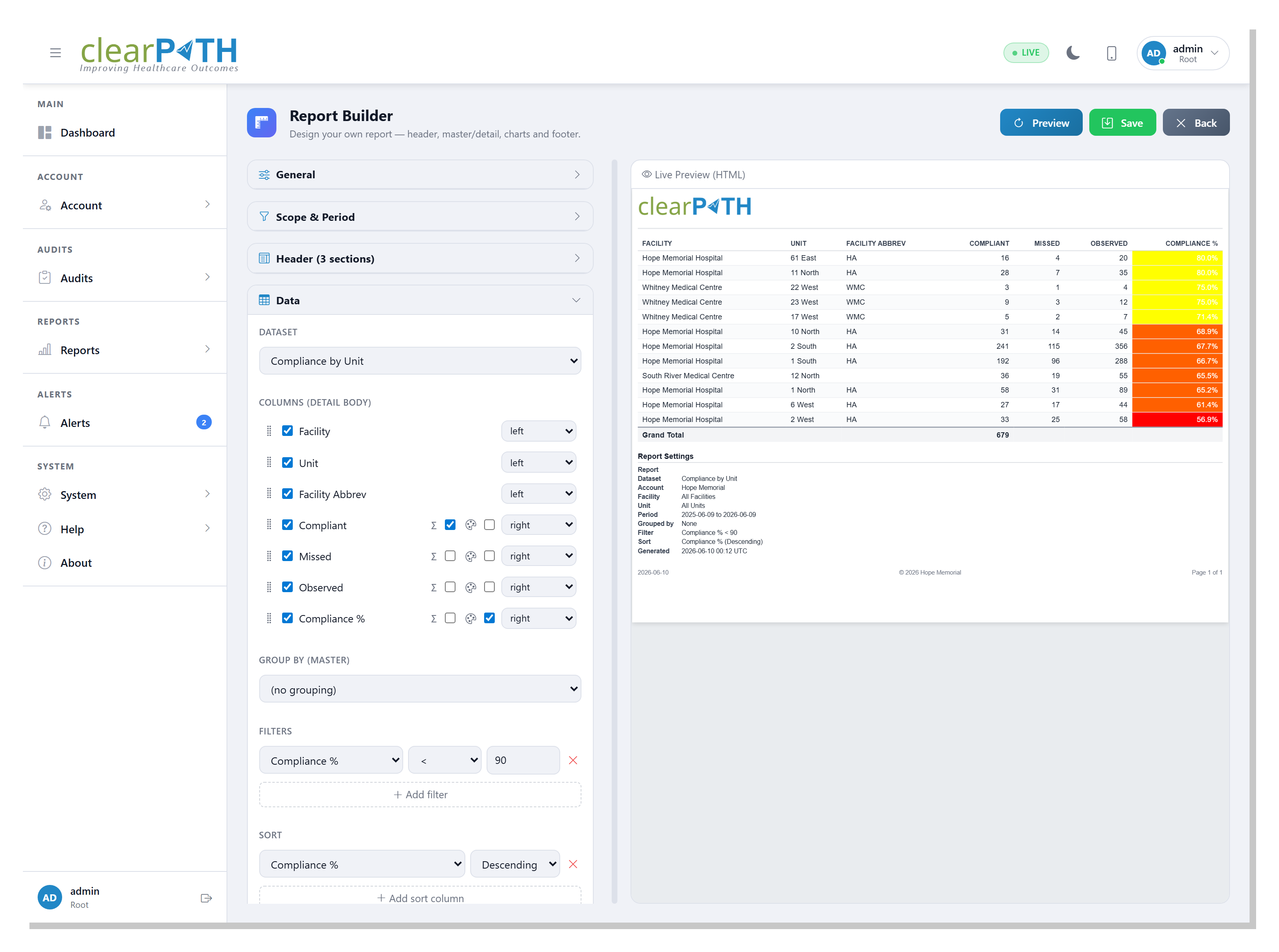 clearPath Report Builder data panel showing column total and colour toggles, a filter, and a sort column