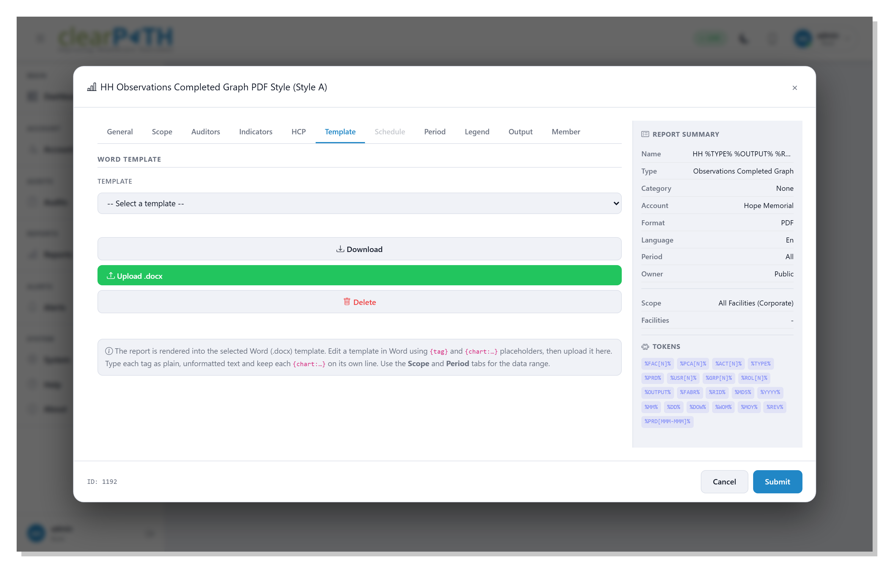 clearPath report editor open on the Template tab, with a template drop-down, Download, Upload .docx, and Delete buttons, and a panel of available data and chart tags
