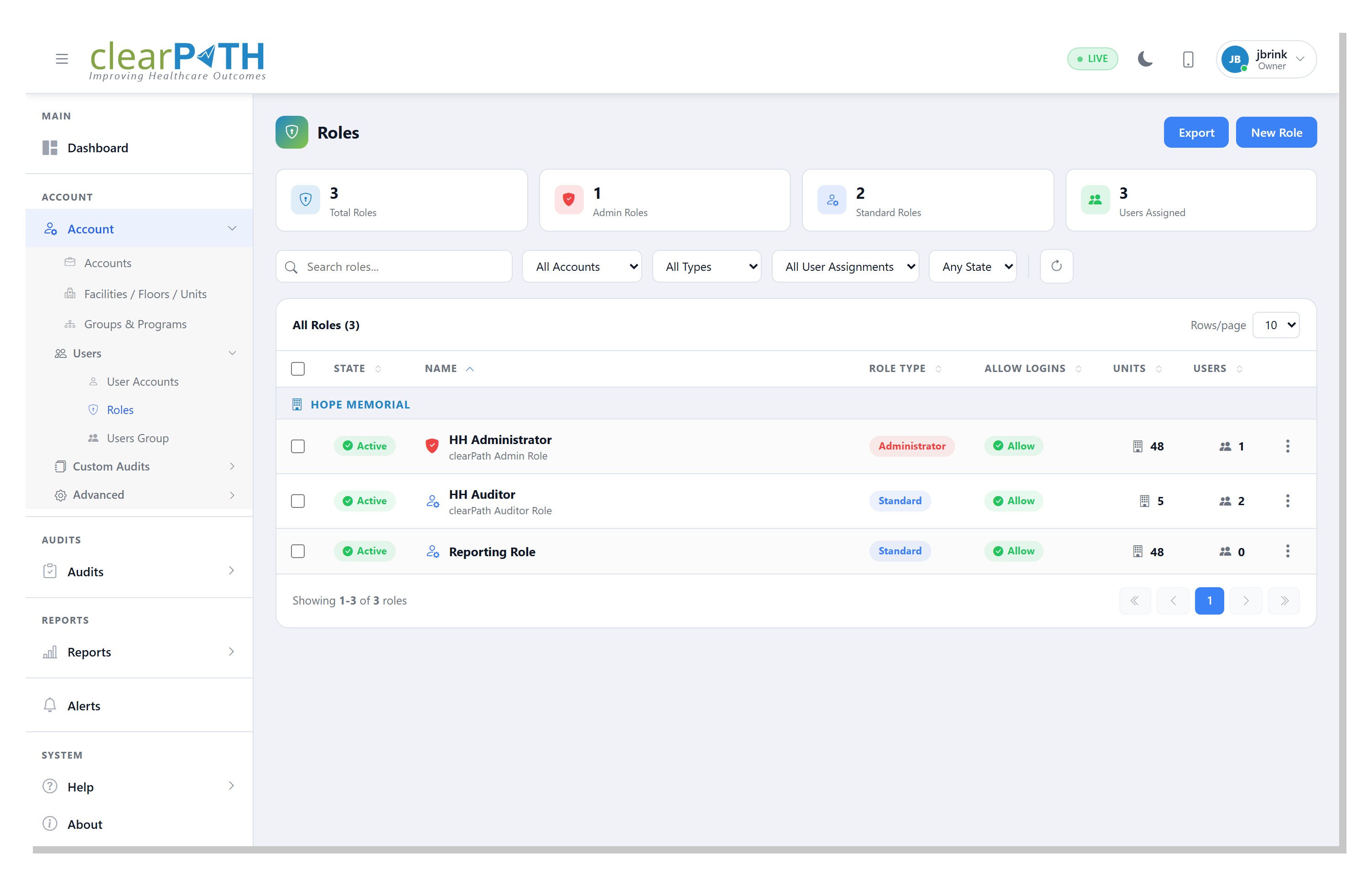 Roles — list view