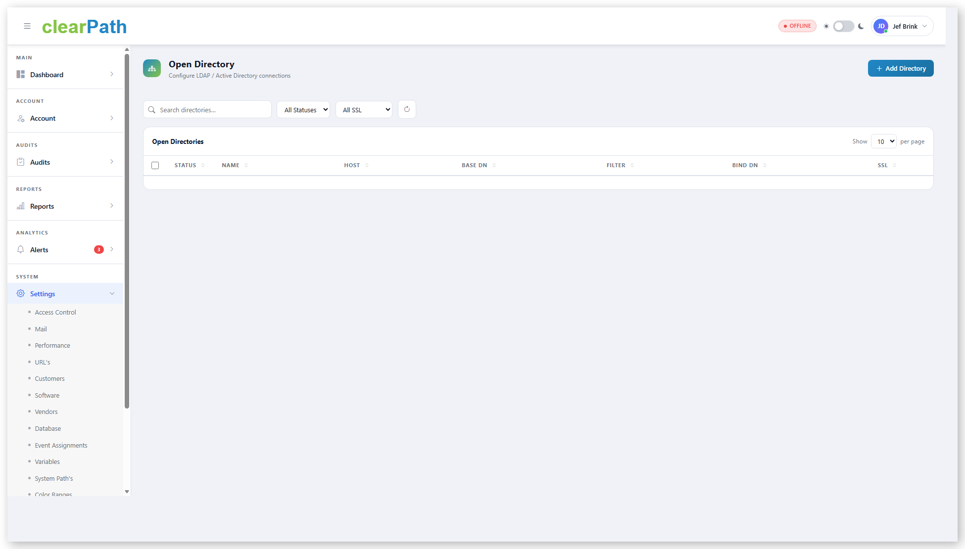clearPath Open Directory configuration page listing LDAP / Active Directory bindings