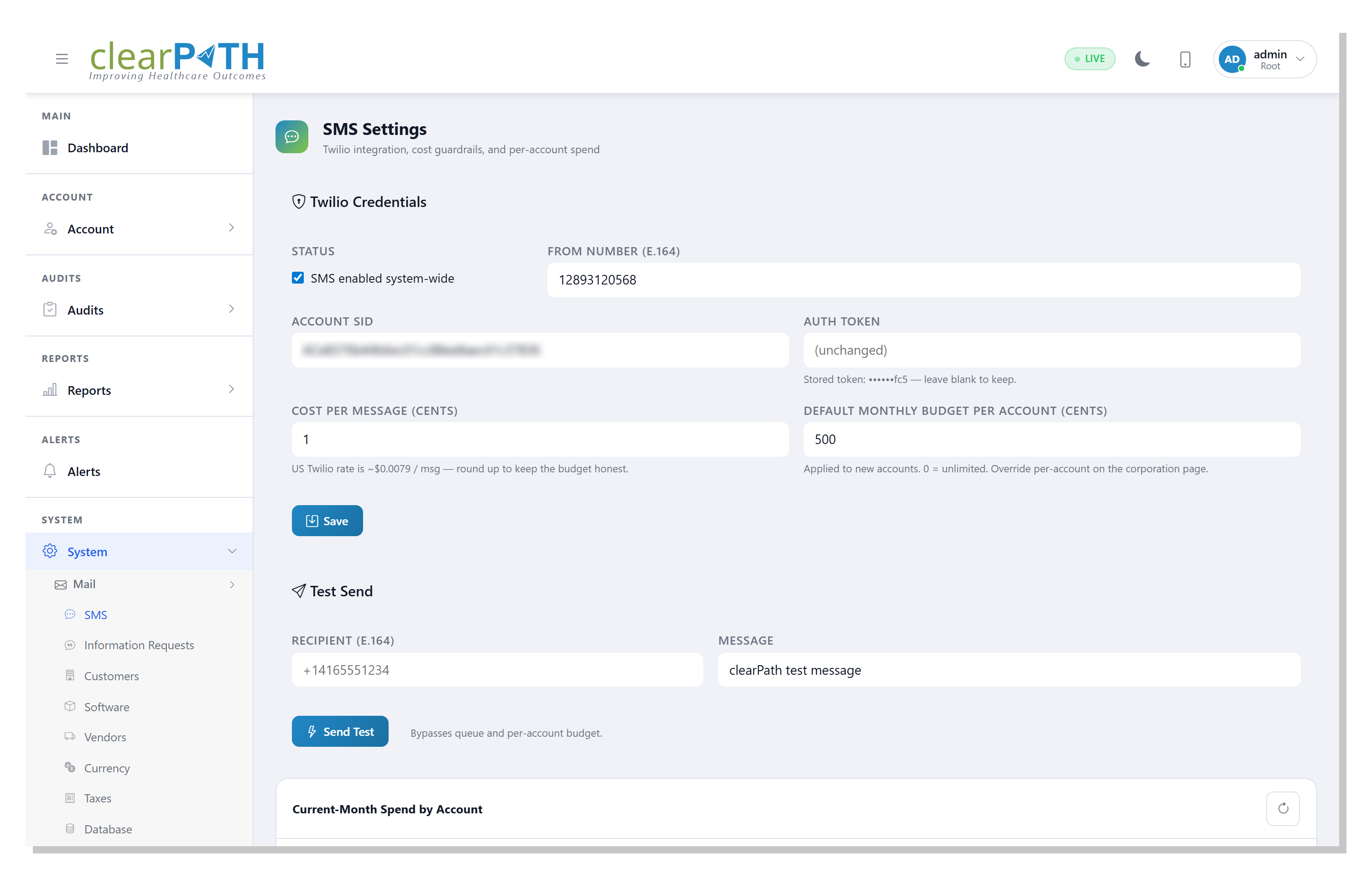System → SMS administrator page — Twilio credentials, per-account budgets, and a Send Test button