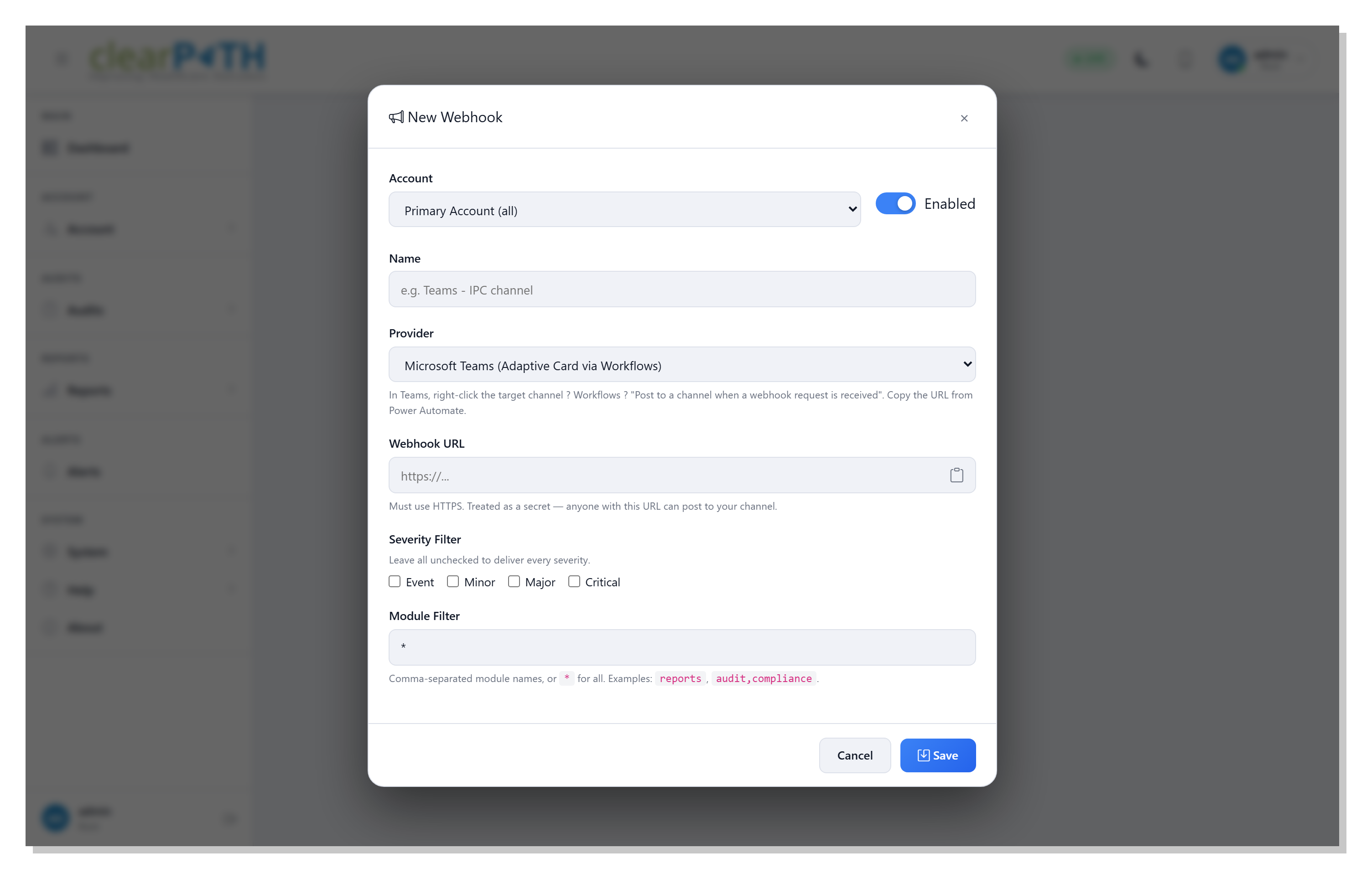 Teams Integration editor — account picker, provider, webhook URL with copy button, severity and module filters