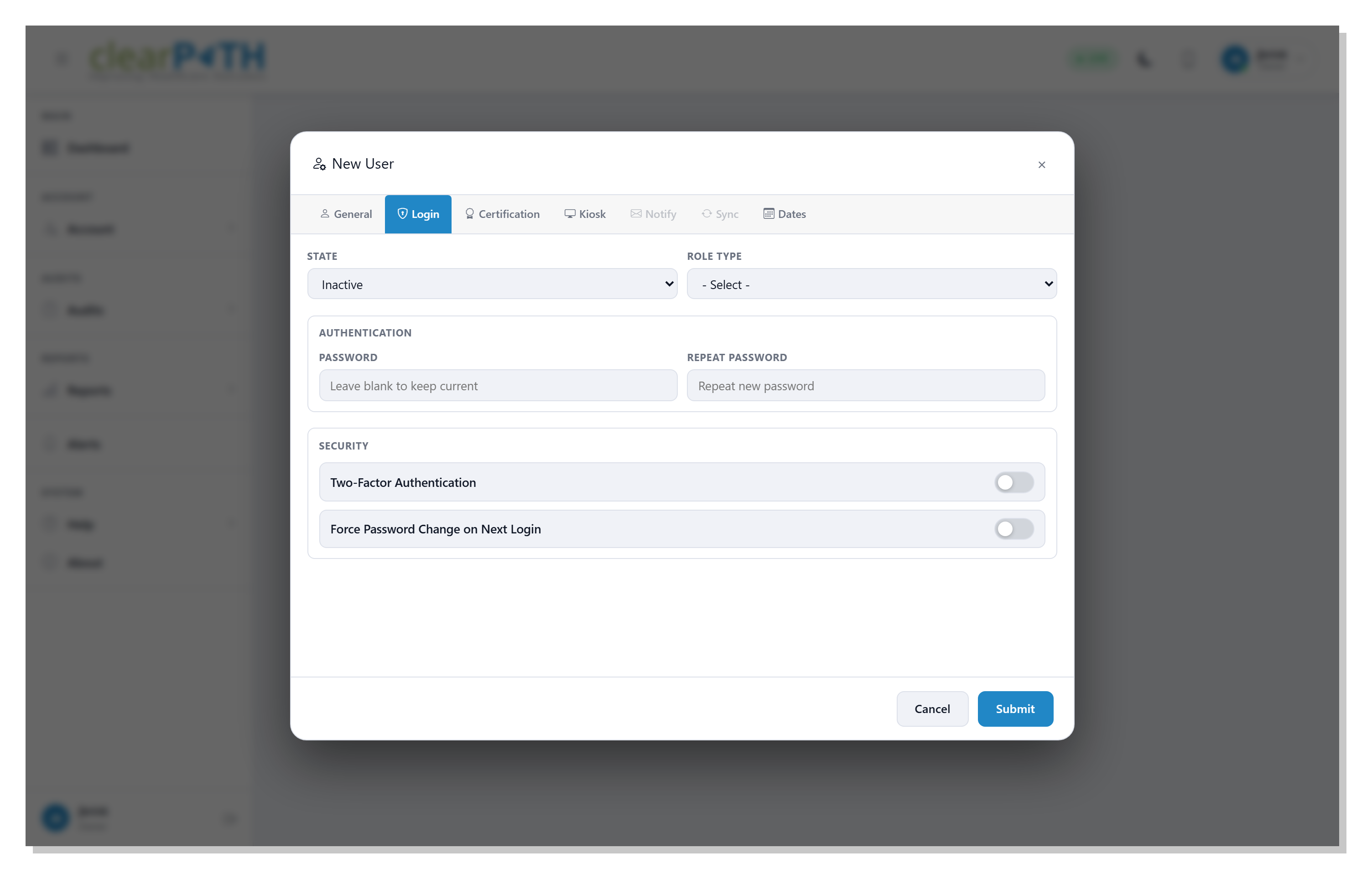 User editor — Login tab with the Two-Factor Authentication toggle