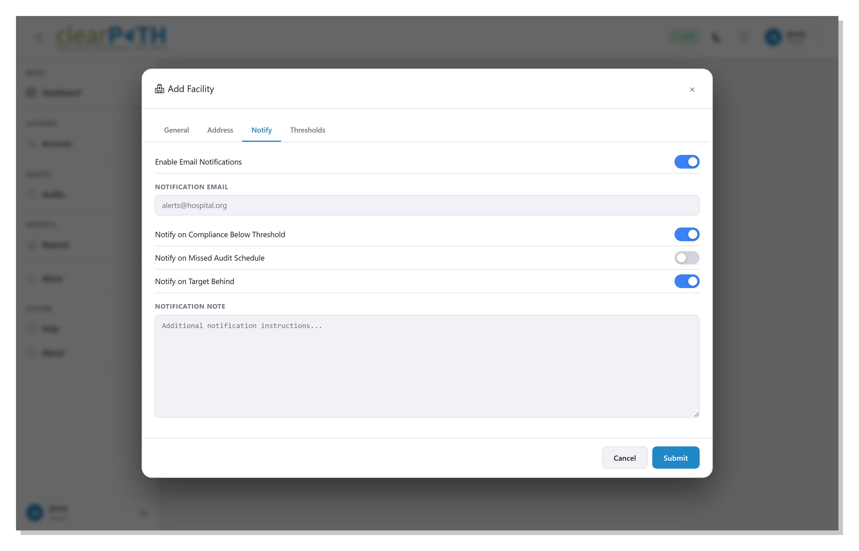 clearPath facility notification configuration